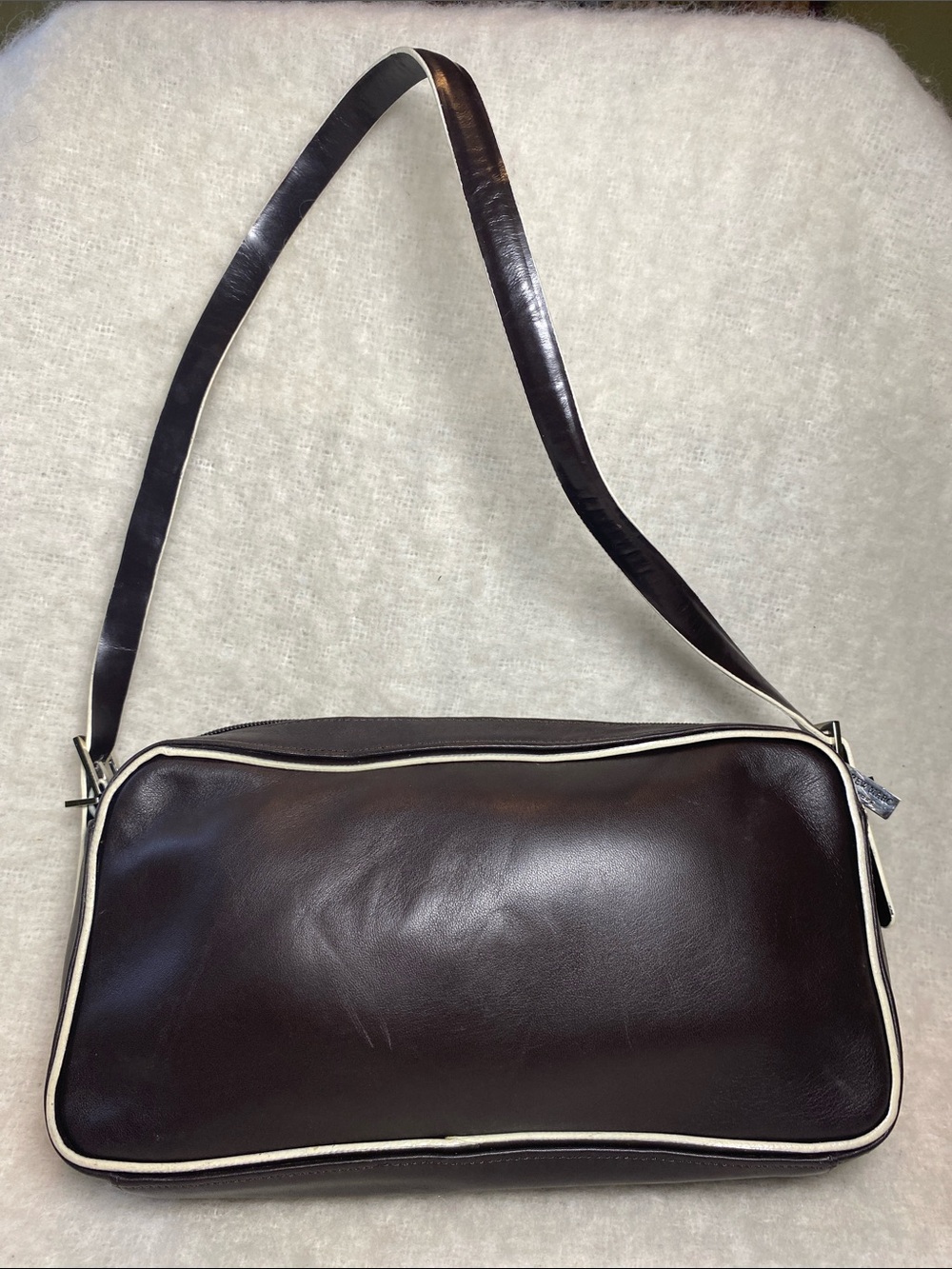 Andrew Marc Brown Leather Shoulder Bag with Cream Piping